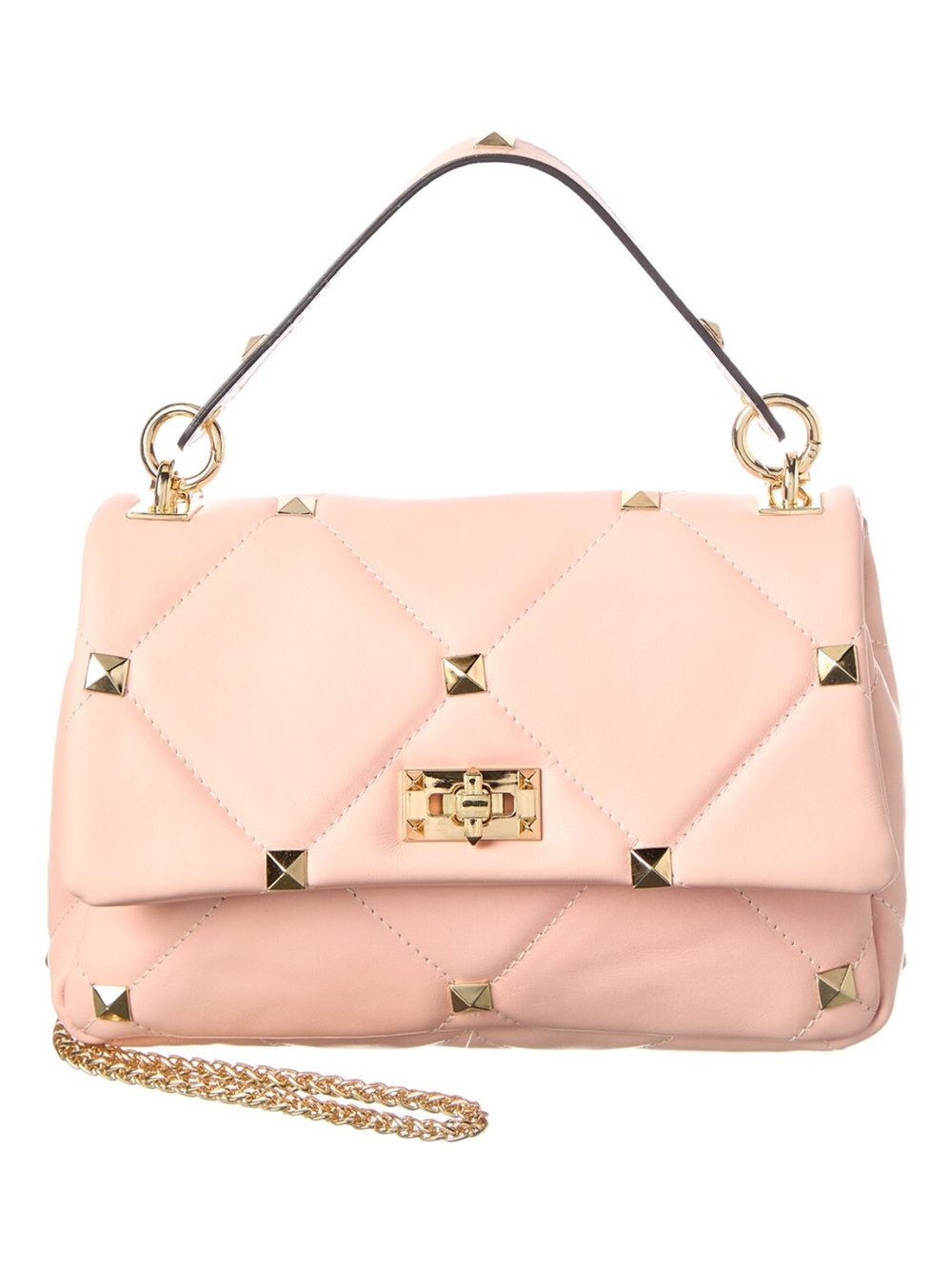 Quilted Pink Leather Top-Handle Shoulder Bag with Gold Studs